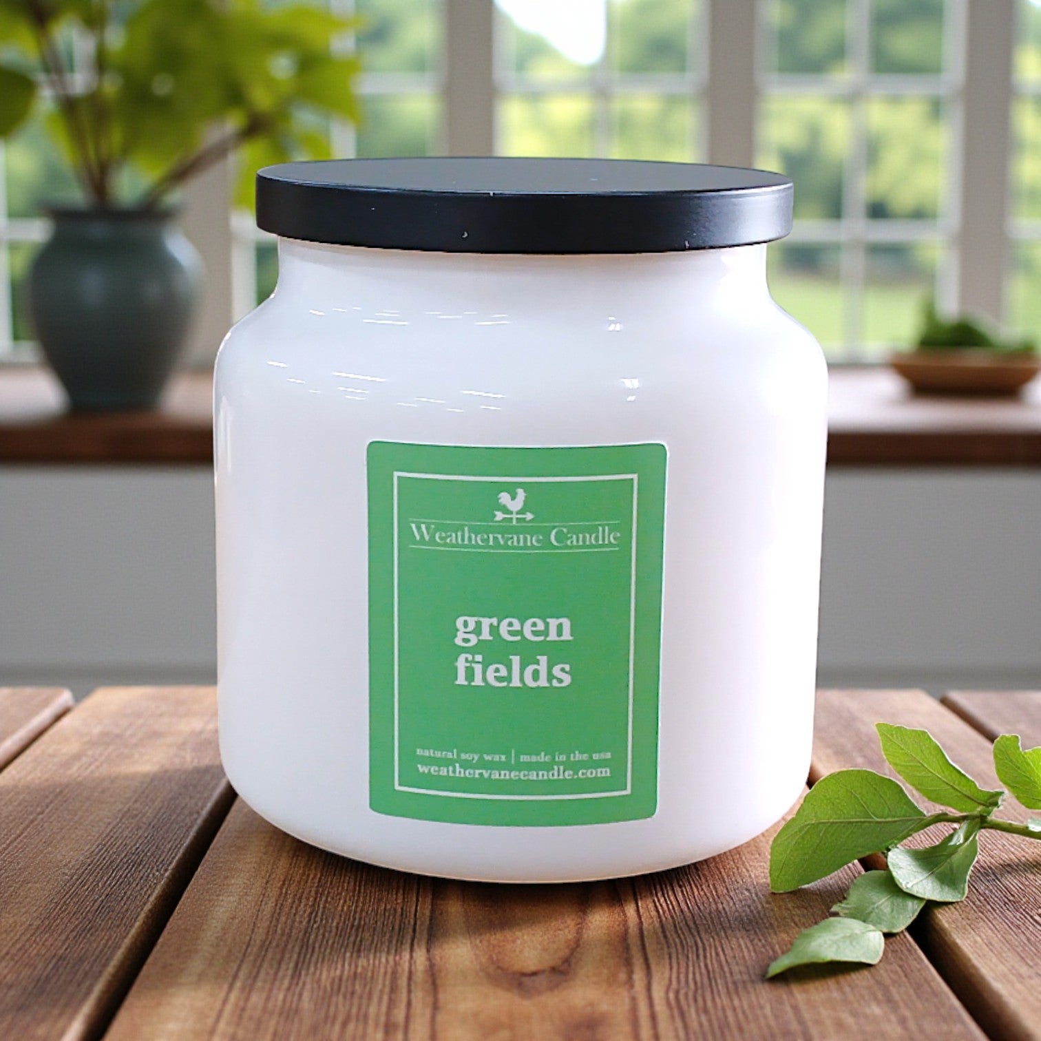 Green Fields apothecary jar candle by Weathervane Candle.