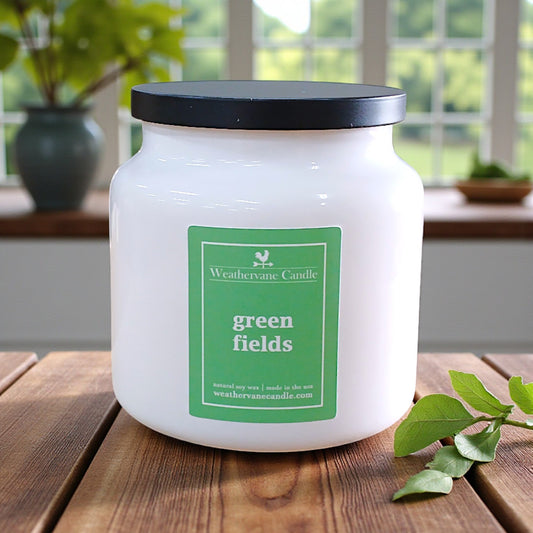 Green Fields apothecary jar candle by Weathervane Candle.